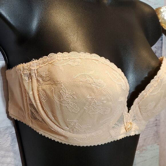 Vintage Carnival Beige Strapless Floral Lace Bra 36B 324 - Picture 3 of 10